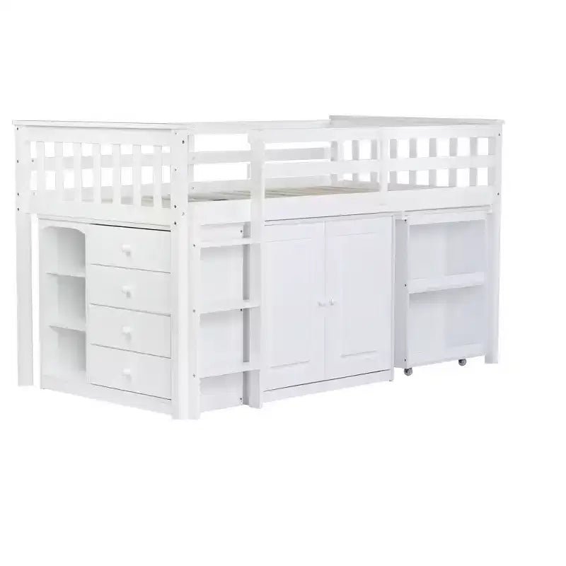 Lit mezzanine double avec armoire de rangement et tiroir pour adolescents, lit mezzanine en bois avec bureau coulissant, garde-corps et échelle