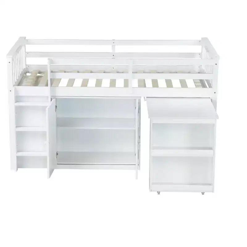 Lit mezzanine double avec armoire de rangement et tiroir pour adolescents, lit mezzanine en bois avec bureau coulissant, garde-corps et échelle