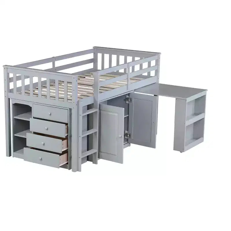 Lit mezzanine double avec armoire de rangement et tiroir pour adolescents, lit mezzanine en bois avec bureau coulissant, garde-corps et échelle