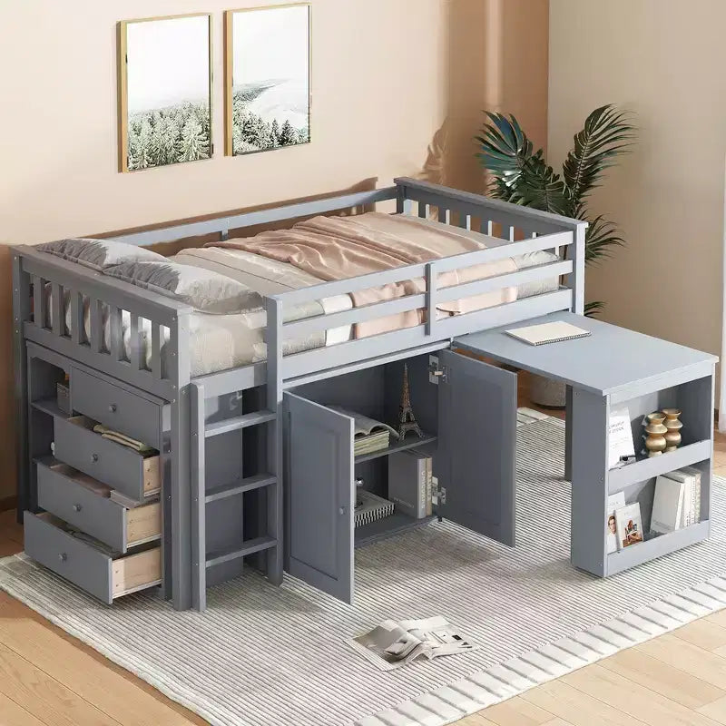 Lit mezzanine double avec armoire de rangement et tiroir pour adolescents, lit mezzanine en bois avec bureau coulissant, garde-corps et échelle