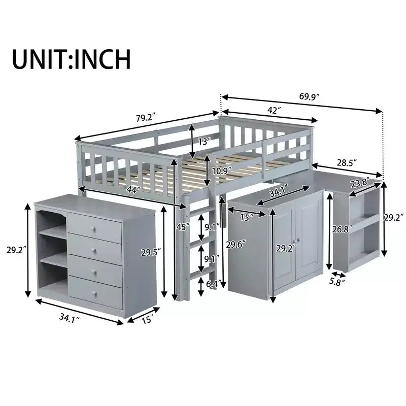 Lit mezzanine double avec armoire de rangement et tiroir pour adolescents, lit mezzanine en bois avec bureau coulissant, garde-corps et échelle
