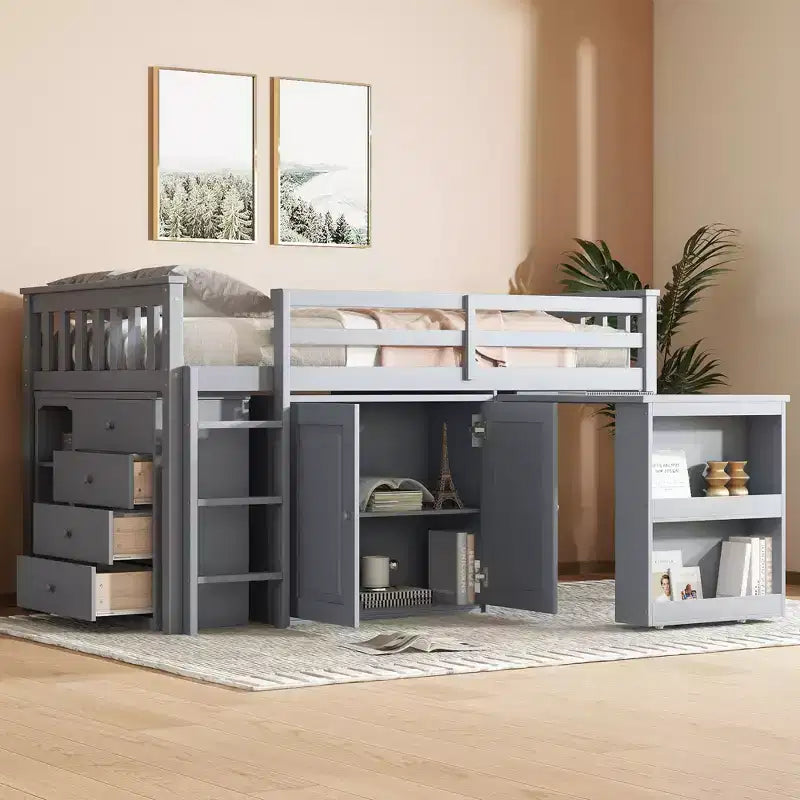 Lit mezzanine double avec armoire de rangement et tiroir pour adolescents, lit mezzanine en bois avec bureau coulissant, garde-corps et échelle