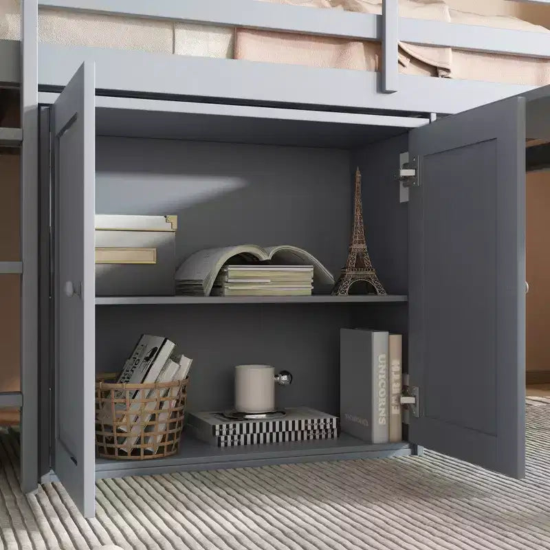 Lit mezzanine double avec armoire de rangement et tiroir pour adolescents, lit mezzanine en bois avec bureau coulissant, garde-corps et échelle