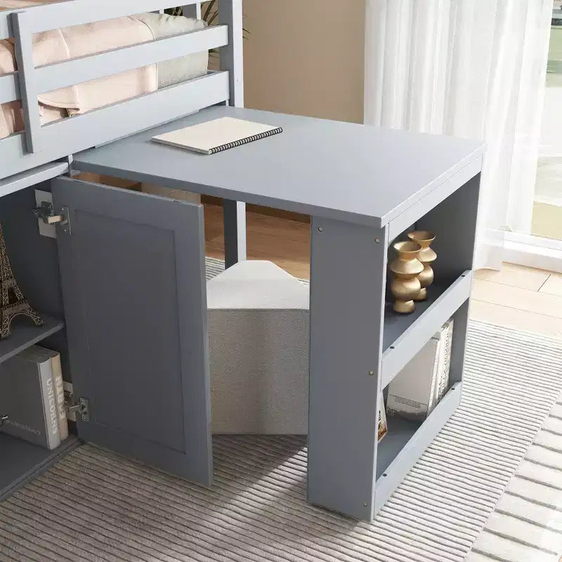 Lit mezzanine double avec armoire de rangement et tiroir pour adolescents, lit mezzanine en bois avec bureau coulissant, garde-corps et échelle