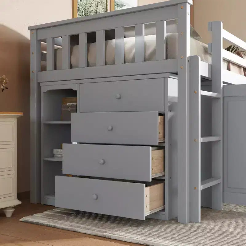 Lit mezzanine double avec armoire de rangement et tiroir pour adolescents, lit mezzanine en bois avec bureau coulissant, garde-corps et échelle