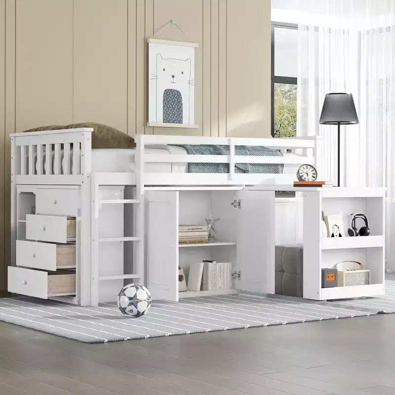 Lit mezzanine double avec armoire de rangement et tiroir pour adolescents, lit mezzanine en bois avec bureau coulissant, garde-corps et échelle