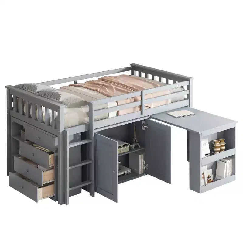 Lit mezzanine double avec armoire de rangement et tiroir pour adolescents, lit mezzanine en bois avec bureau coulissant, garde-corps et échelle