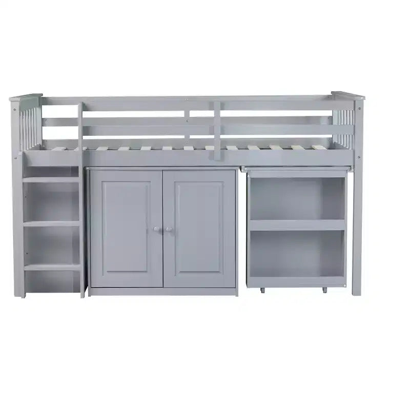Lit mezzanine double avec armoire de rangement et tiroir pour adolescents, lit mezzanine en bois avec bureau coulissant, garde-corps et échelle