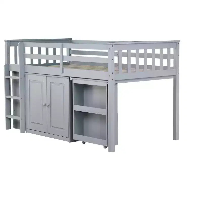 Lit mezzanine double avec armoire de rangement et tiroir pour adolescents, lit mezzanine en bois avec bureau coulissant, garde-corps et échelle