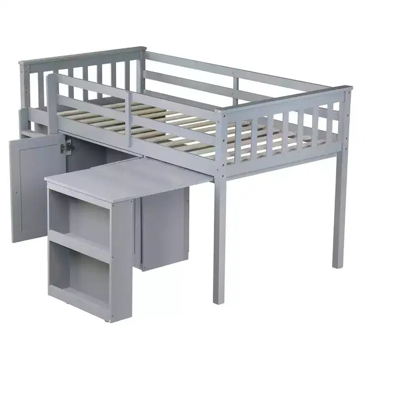 Lit mezzanine double avec armoire de rangement et tiroir pour adolescents, lit mezzanine en bois avec bureau coulissant, garde-corps et échelle