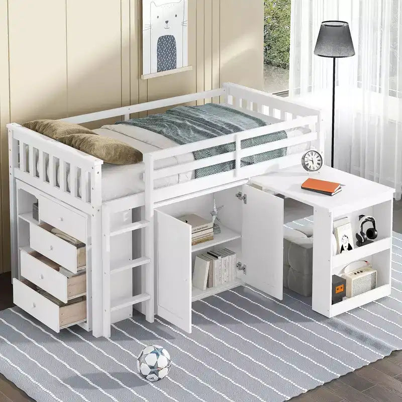 Lit mezzanine double avec armoire de rangement et tiroir pour adolescents, lit mezzanine en bois avec bureau coulissant, garde-corps et échelle
