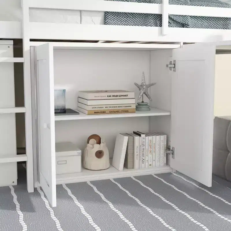 Lit mezzanine double avec armoire de rangement et tiroir pour adolescents, lit mezzanine en bois avec bureau coulissant, garde-corps et échelle