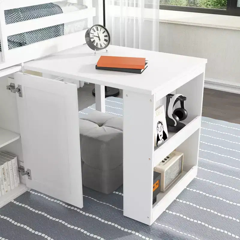 Lit mezzanine double avec armoire de rangement et tiroir pour adolescents, lit mezzanine en bois avec bureau coulissant, garde-corps et échelle