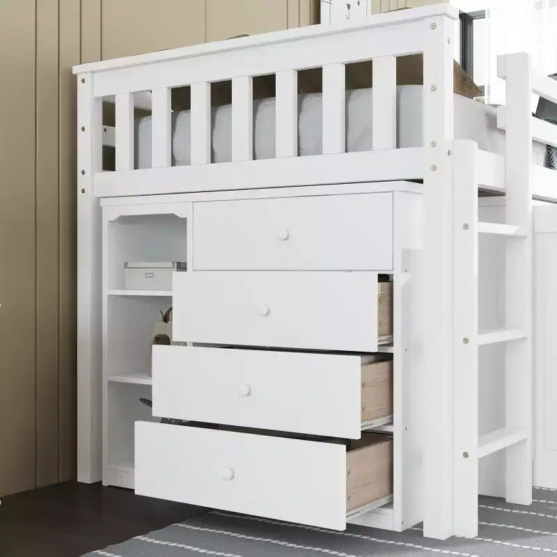 Lit mezzanine double avec armoire de rangement et tiroir pour adolescents, lit mezzanine en bois avec bureau coulissant, garde-corps et échelle