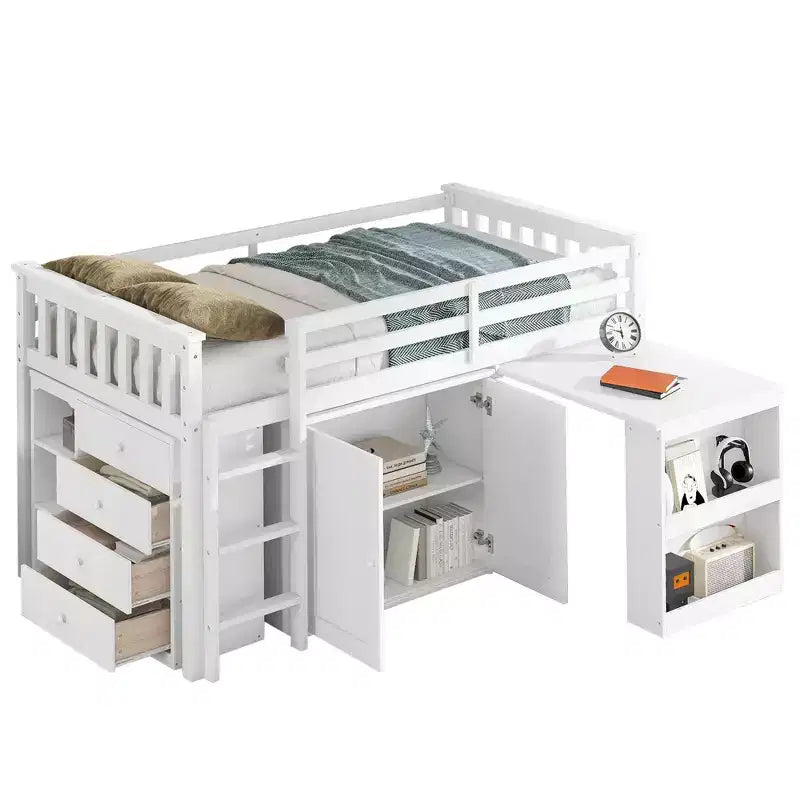 Lit mezzanine double avec armoire de rangement et tiroir pour adolescents, lit mezzanine en bois avec bureau coulissant, garde-corps et échelle