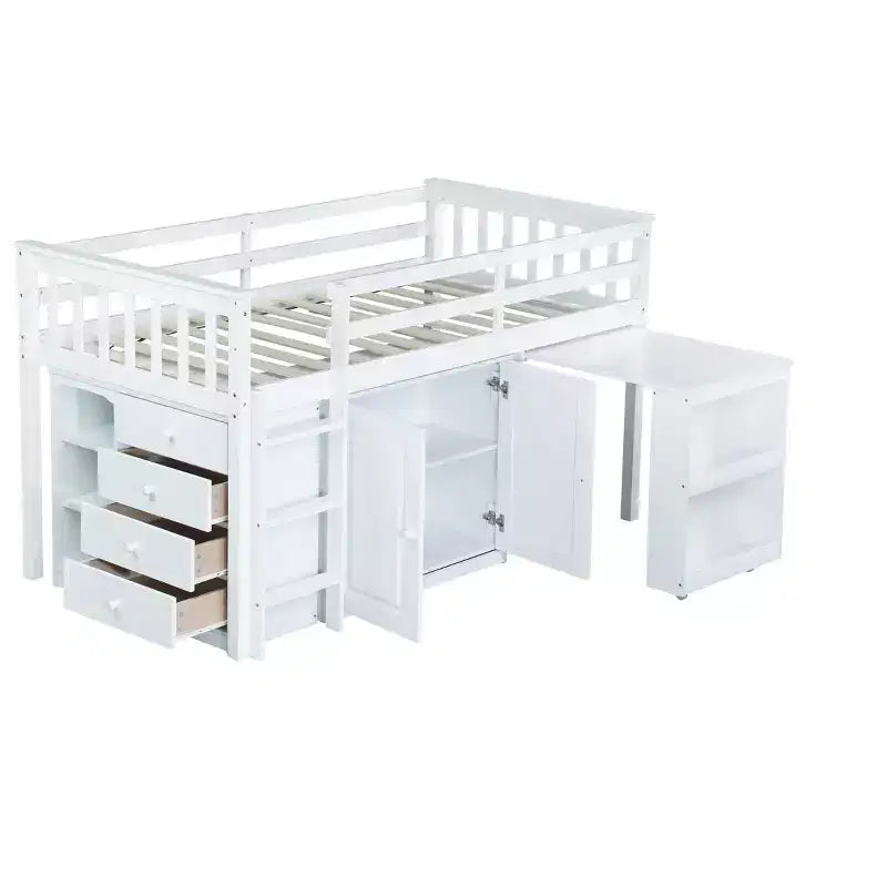 Lit mezzanine double avec armoire de rangement et tiroir pour adolescents, lit mezzanine en bois avec bureau coulissant, garde-corps et échelle