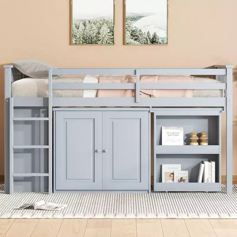 Lit mezzanine double avec armoire de rangement et tiroir pour adolescents, lit mezzanine en bois avec bureau coulissant, garde-corps et échelle