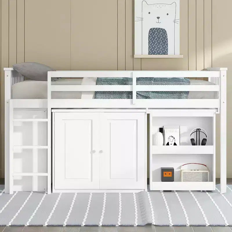 Twin Size Loft Bed with Storage Cabinet and Drawer for Teens, Wooden Loft Bed with Pulling-Out Desk, Guardrails and Ladder