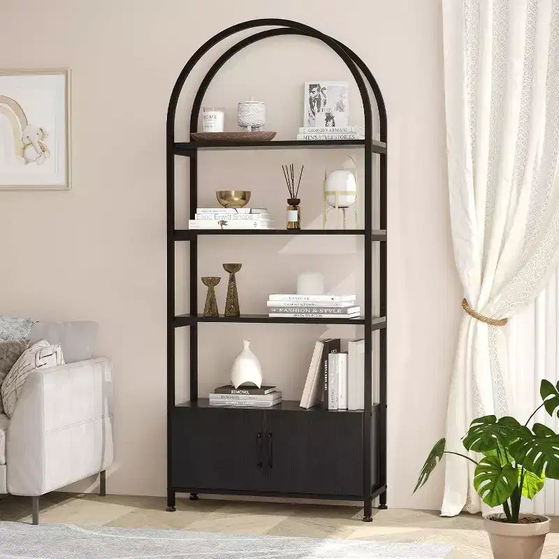 Bookshelf,Tall Bookcase with Cabinet Wood & Metal Bookshelves Floorstanding Storage Shelving Unit Industrial Display Cabinet for Bedroom,Living Room