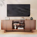 Walnut Entertainment Center for TVs up to 65 Inch Mid Century TV Console with Slatted Doors Large Storage Shelves Modern Wood Media Stand