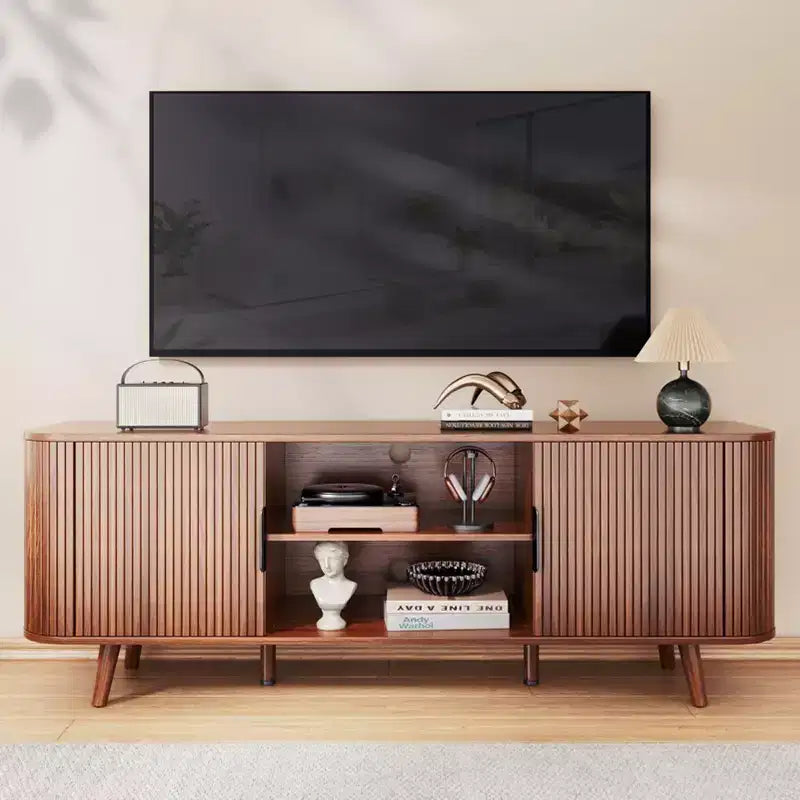 Walnut Entertainment Center for TVs up to 65 Inch Mid Century TV Console with Slatted Doors Large Storage Shelves Modern Wood Media Stand