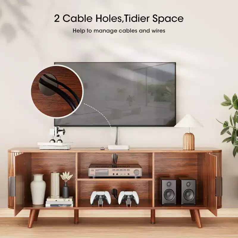 Meuble TV Noyer pour Téléviseurs jusqu'à 65 Pouces, Console TV Mid-Century avec Portes à Lattes, Grandes Étagères de Rangement, Meuble TV Moderne en Bois