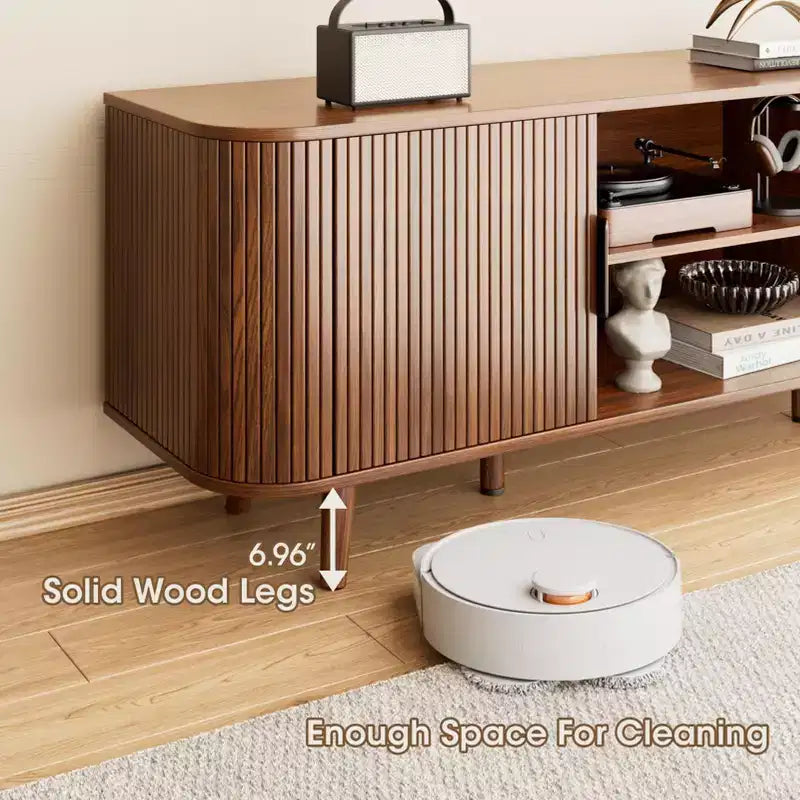 Meuble TV Noyer pour Téléviseurs jusqu'à 65 Pouces, Console TV Mid-Century avec Portes à Lattes, Grandes Étagères de Rangement, Meuble TV Moderne en Bois