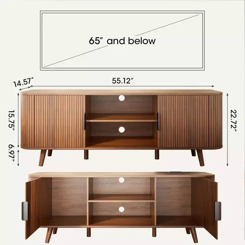 Meuble TV Noyer pour Téléviseurs jusqu'à 65 Pouces, Console TV Mid-Century avec Portes à Lattes, Grandes Étagères de Rangement, Meuble TV Moderne en Bois