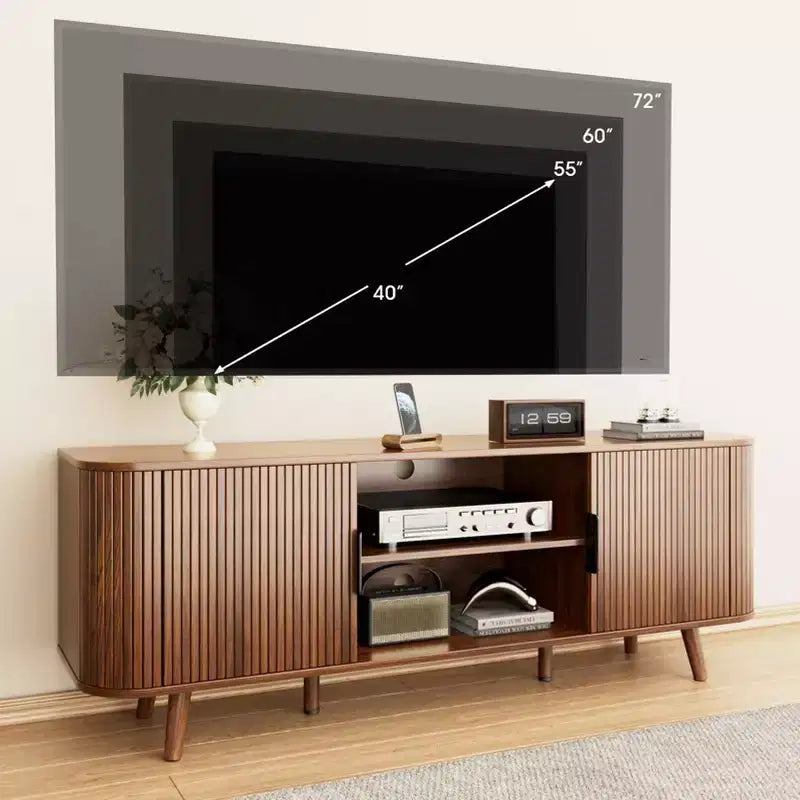Meuble TV Noyer pour Téléviseurs jusqu'à 65 Pouces, Console TV Mid-Century avec Portes à Lattes, Grandes Étagères de Rangement, Meuble TV Moderne en Bois