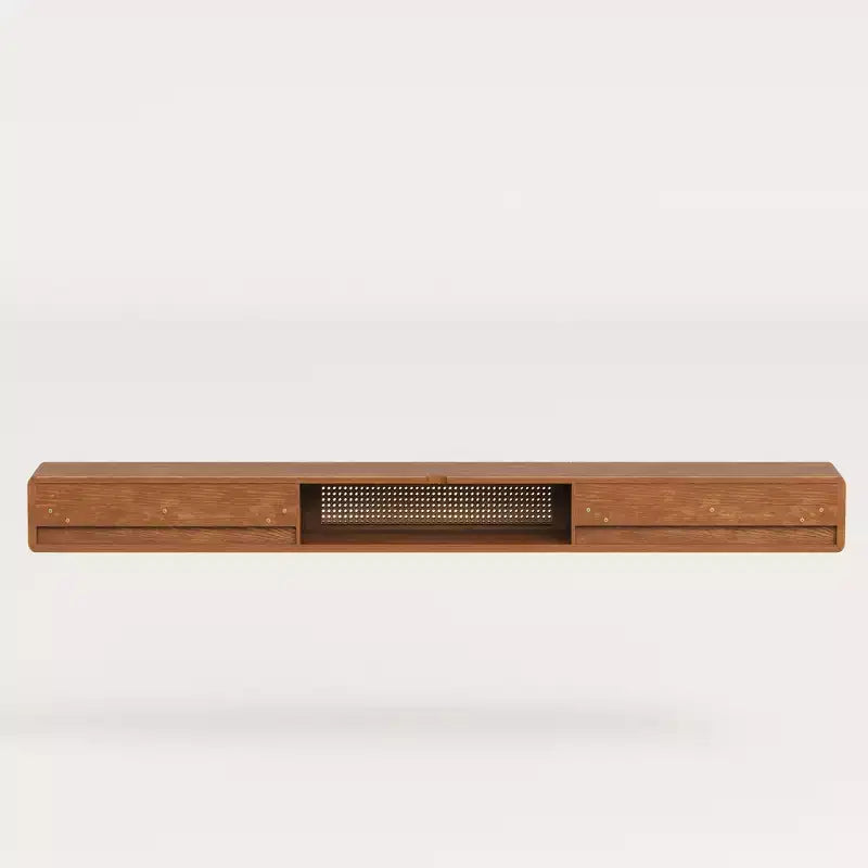 Meuble TV flottant de 78,74 pouces pour téléviseur de 85 pouces, console média murale avec porte en rotin et tiroirs, étagère de divertissement moderne