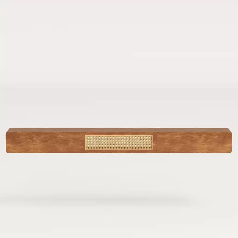 Meuble TV flottant de 78,74 pouces pour téléviseur de 85 pouces, console média murale avec porte en rotin et tiroirs, étagère de divertissement moderne