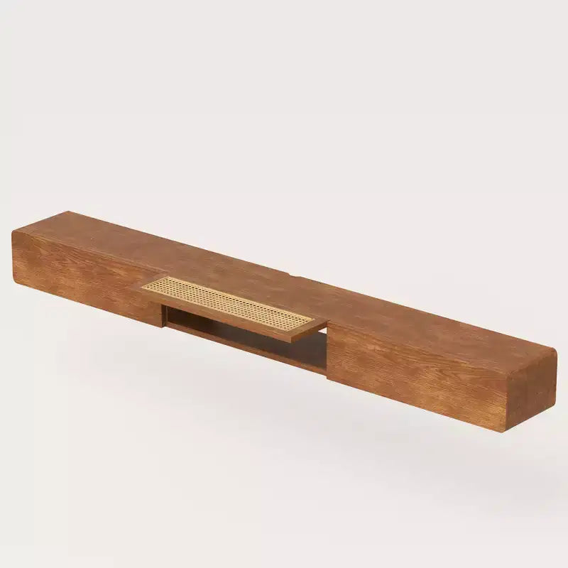 Meuble TV flottant de 78,74 pouces pour téléviseur de 85 pouces, console média murale avec porte en rotin et tiroirs, étagère de divertissement moderne