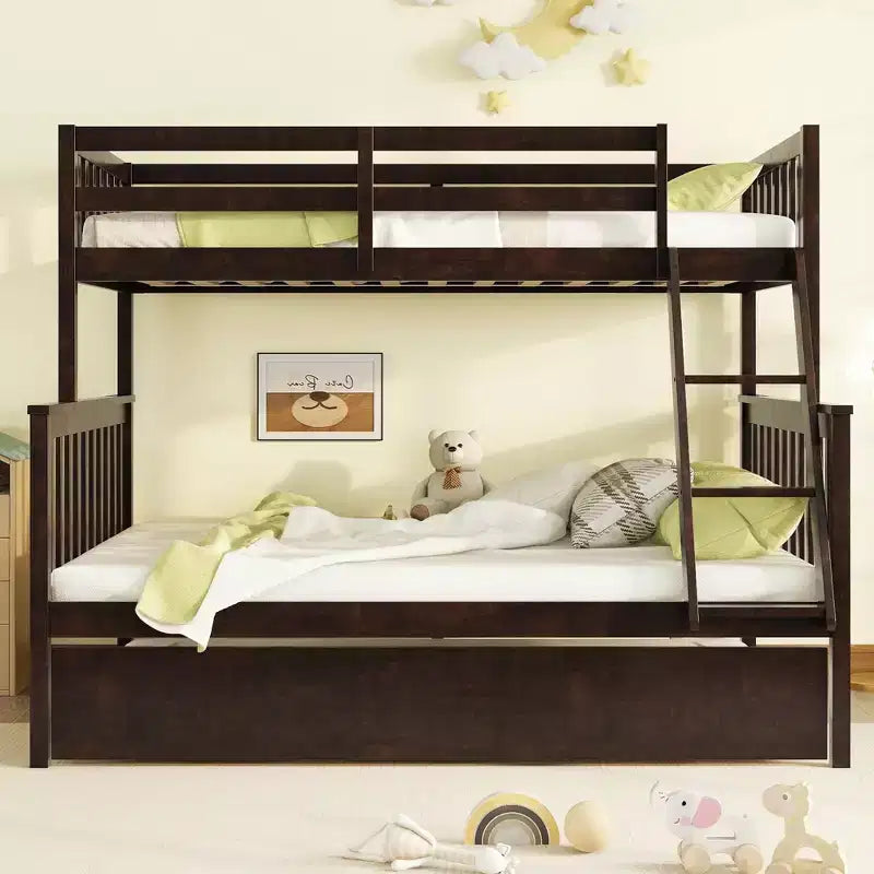 Detachable Bunk Bed Twin Over Full with Trundle for Kids Teens, Wood Bunk Bed with Ladder and Guardrail, Separate into 2 Beds