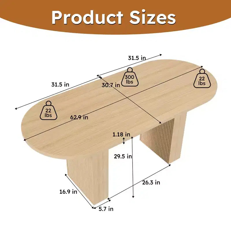 Table à manger ovale pour 6 personnes 160 cm Table de cuisine de ferme avec base à lattes en bois Grande table de salle à manger ronde à pied central pour salon Naturel