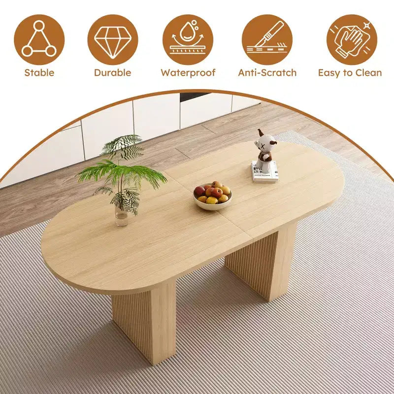 Table à manger ovale pour 6 personnes 160 cm Table de cuisine de ferme avec base à lattes en bois Grande table de salle à manger ronde à pied central pour salon Naturel