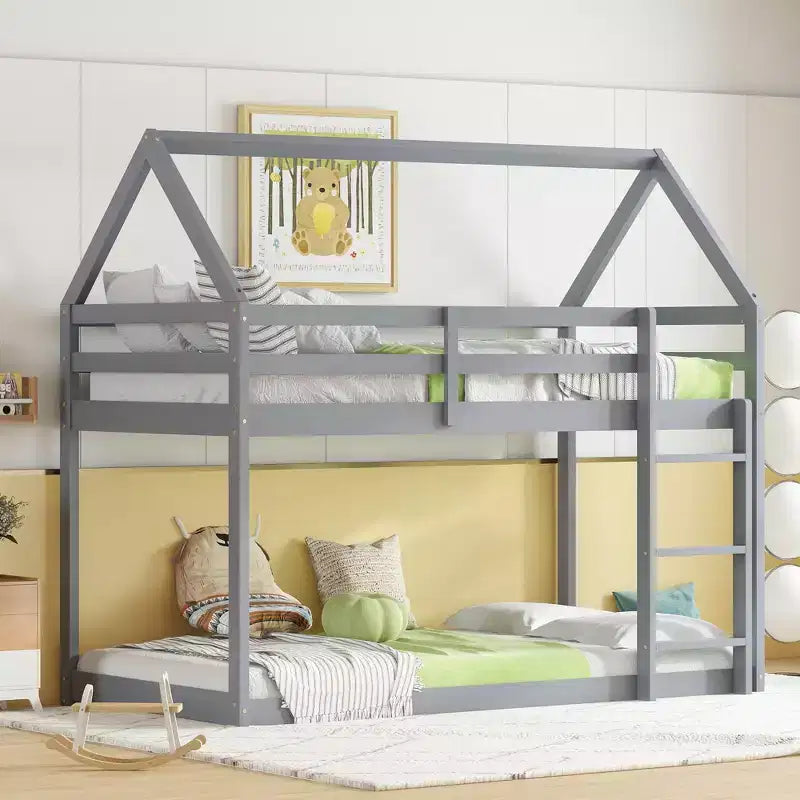 Lit superposé cabane jumeau sur jumeau pour enfants et adolescents, cadre de lit superposé en bois avec barrières de sécurité et échelle