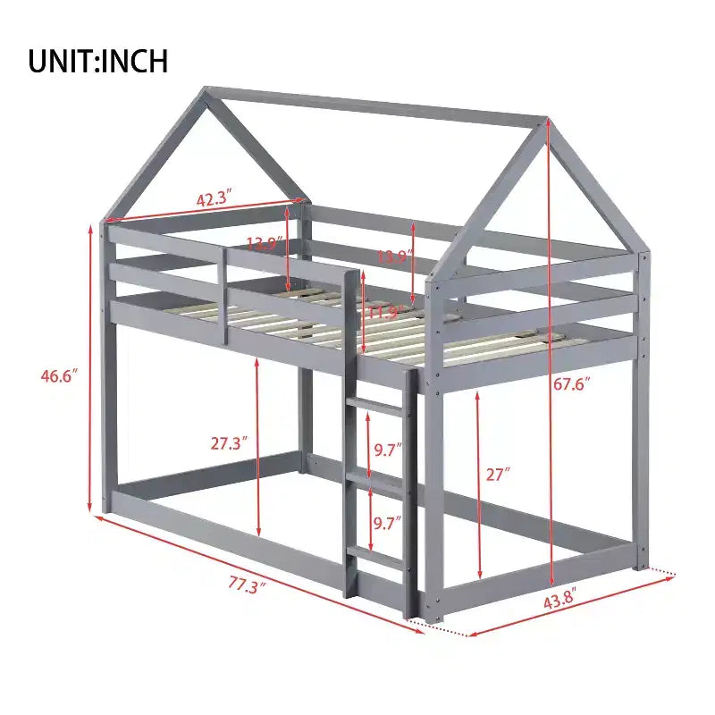 Lit superposé cabane jumeau sur jumeau pour enfants et adolescents, cadre de lit superposé en bois avec barrières de sécurité et échelle