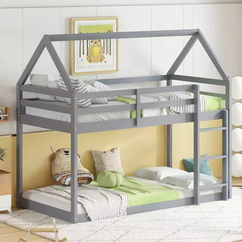 Lit superposé cabane jumeau sur jumeau pour enfants et adolescents, cadre de lit superposé en bois avec barrières de sécurité et échelle