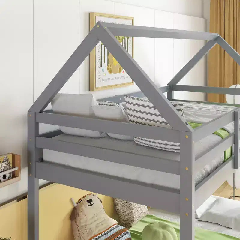 Lit superposé cabane jumeau sur jumeau pour enfants et adolescents, cadre de lit superposé en bois avec barrières de sécurité et échelle