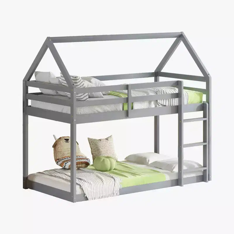 Lit superposé cabane jumeau sur jumeau pour enfants et adolescents, cadre de lit superposé en bois avec barrières de sécurité et échelle