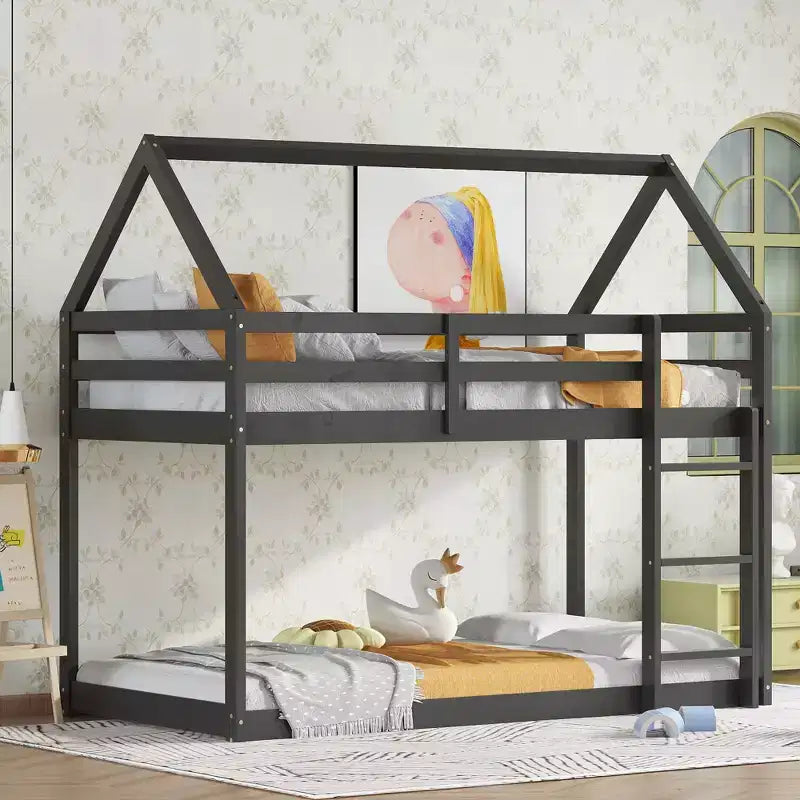 Lit superposé cabane jumeau sur jumeau pour enfants et adolescents, cadre de lit superposé en bois avec barrières de sécurité et échelle
