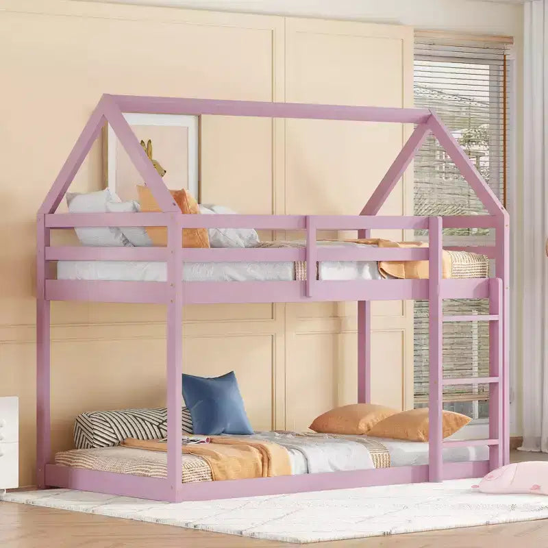 Lit superposé cabane jumeau sur jumeau pour enfants et adolescents, cadre de lit superposé en bois avec barrières de sécurité et échelle
