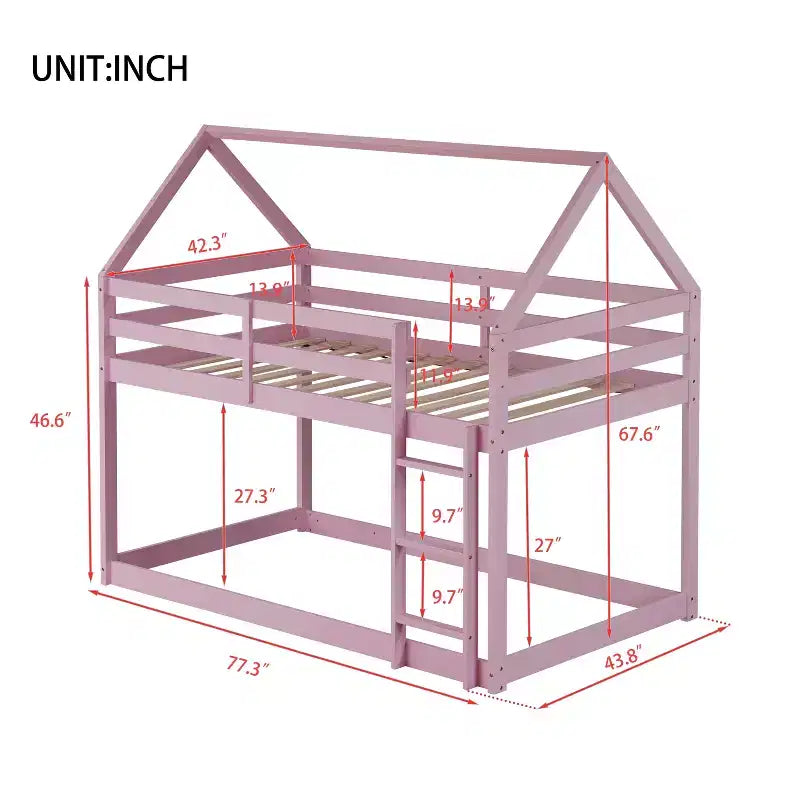 Lit superposé cabane jumeau sur jumeau pour enfants et adolescents, cadre de lit superposé en bois avec barrières de sécurité et échelle