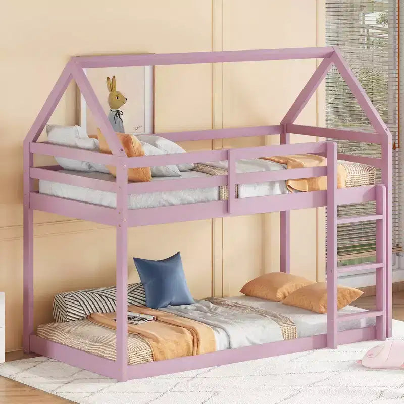 Lit superposé cabane jumeau sur jumeau pour enfants et adolescents, cadre de lit superposé en bois avec barrières de sécurité et échelle