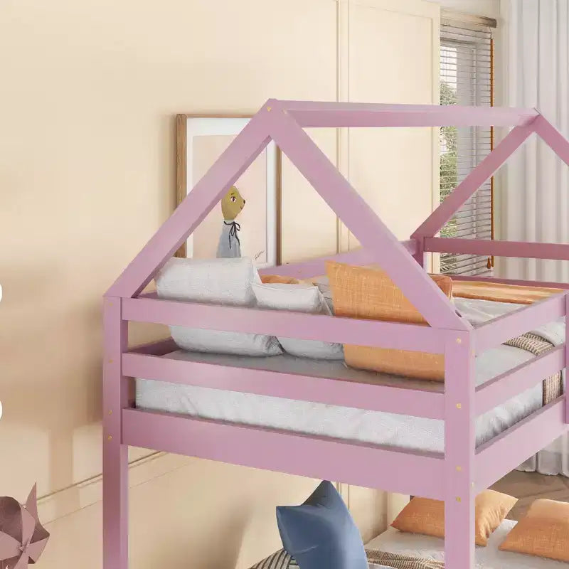 Lit superposé cabane jumeau sur jumeau pour enfants et adolescents, cadre de lit superposé en bois avec barrières de sécurité et échelle