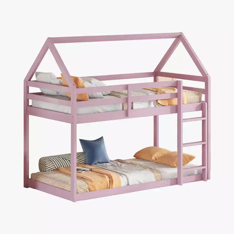 Lit superposé cabane jumeau sur jumeau pour enfants et adolescents, cadre de lit superposé en bois avec barrières de sécurité et échelle