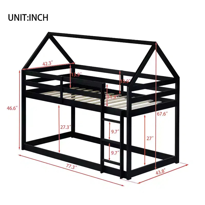 Lit superposé cabane jumeau sur jumeau pour enfants et adolescents, cadre de lit superposé en bois avec barrières de sécurité et échelle