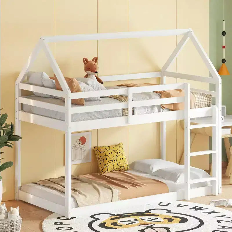 Lit superposé cabane jumeau sur jumeau pour enfants et adolescents, cadre de lit superposé en bois avec barrières de sécurité et échelle