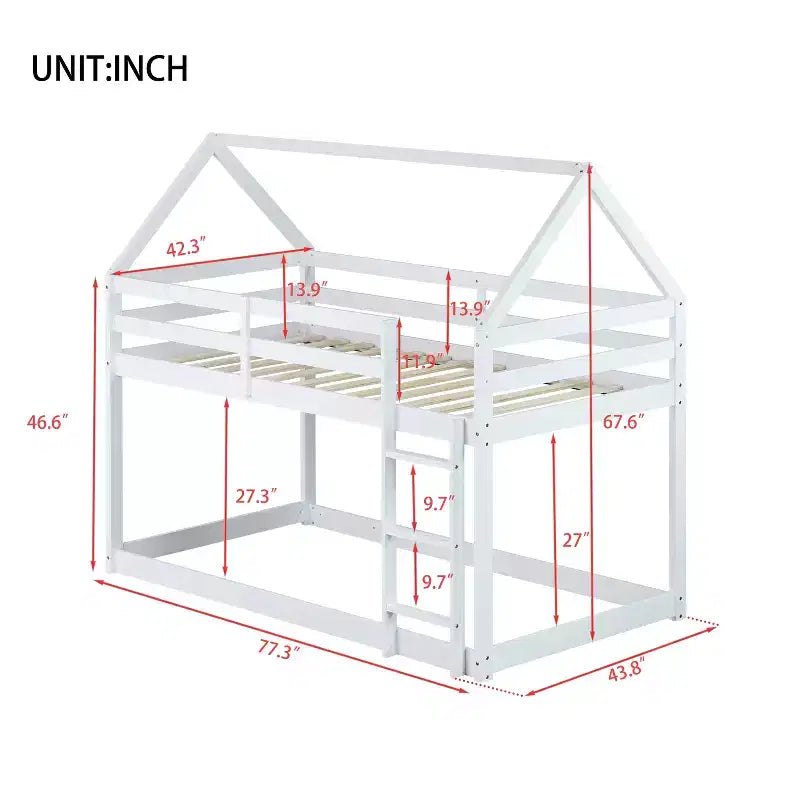 Lit superposé cabane jumeau sur jumeau pour enfants et adolescents, cadre de lit superposé en bois avec barrières de sécurité et échelle