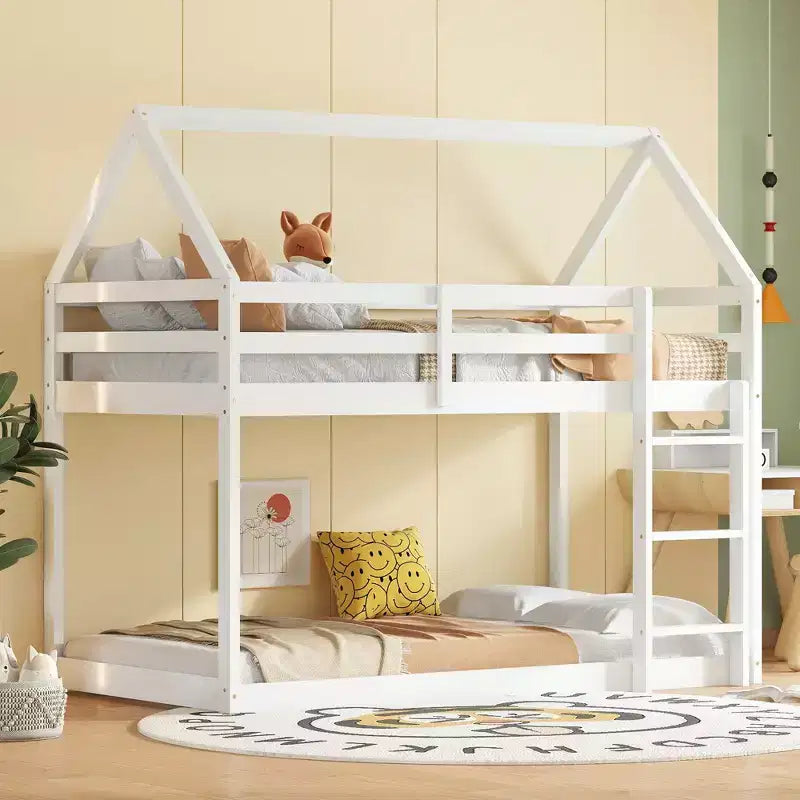 Lit superposé cabane jumeau sur jumeau pour enfants et adolescents, cadre de lit superposé en bois avec barrières de sécurité et échelle